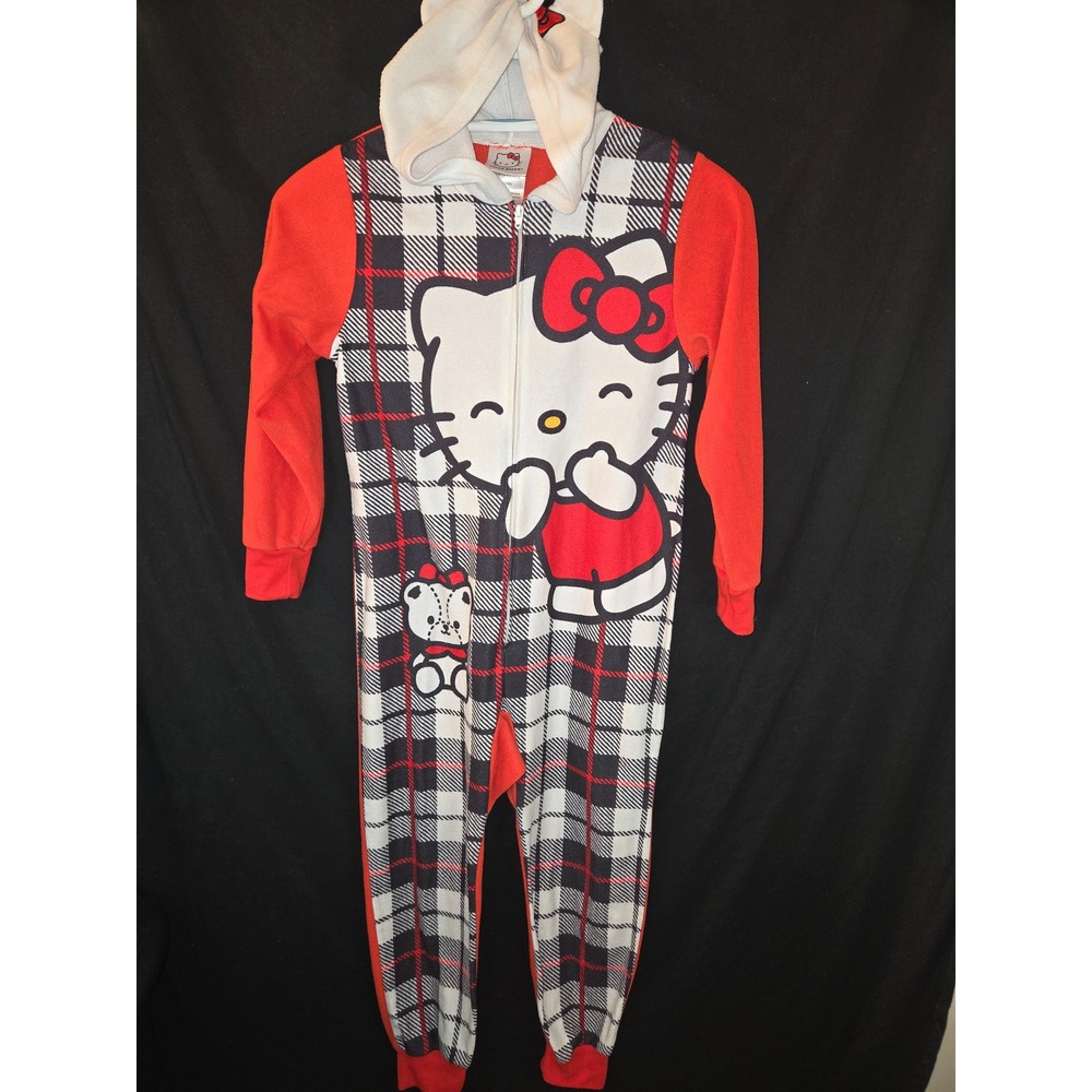 Kids Hello Kitty Plaid Hooded Pajama Onepiece Sleepwear S 6/6x Red Black White